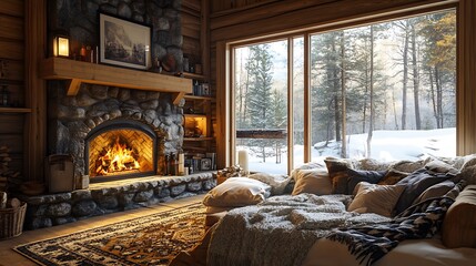A cozy cabin interior with a roaring stone fireplace, warm wooden walls, soft blankets draped over a plush sofa, and a warm golden glow from vintage lamps, a snowy window view in the background,
