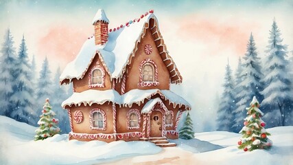 Gingerbread house with a candy roof in a snowy landscape decorated with festive elements