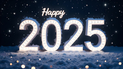 Happy New Year 2025 with snow and stars. Festive winter holiday celebration concept.