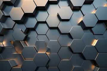 Abstract background featuring interlocking hexagons in a sleek metallic finish, with a refined texture and subtle gradients creating a modern, high-tech look