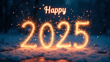 Happy New Year 2025 Sparkler Celebration in Snow. Concept of winter holidays, new beginnings, and celebration.