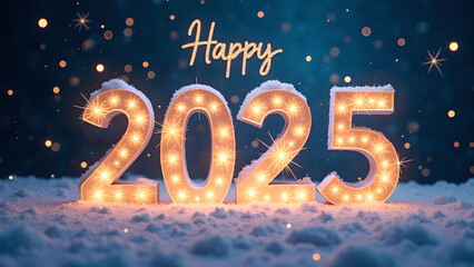 Happy New Year 2025 with snow and lights. Festive winter holiday concept.