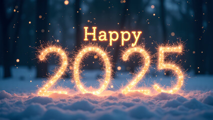 Happy New Year 2025 Sparkler in Snow. Concept of celebration, winter, and holidays.