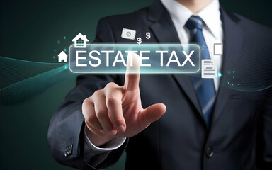 Estate Tax: A businessman in a suit presses a button on a transparent screen that reads "Estate Tax," representing the complexities of estate planning and financial management.  