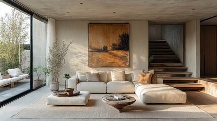 A modern living room with neutral tones, natural light, and minimalist decor.