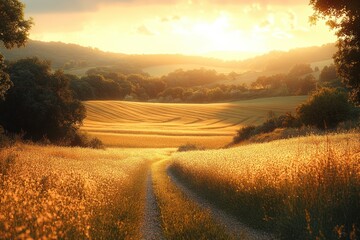 Obraz premium A serene sunset over golden fields, creating a peaceful rural landscape.