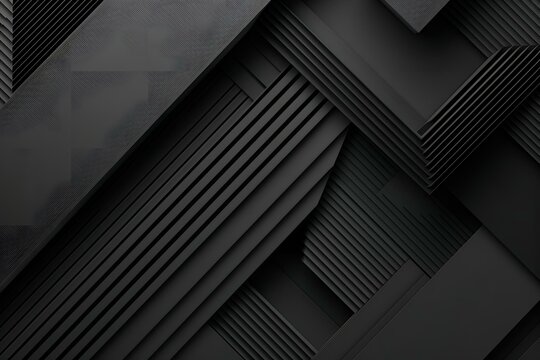 Elegant black abstract background with minimal design elements, incorporating grey diagonal lines and geometric shapes with a 3D effect, creating a stylish, contemporary feel