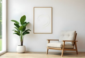 A minimalist living room with a wooden armchair, a potted plant, and a framed circular artwork on the wall
