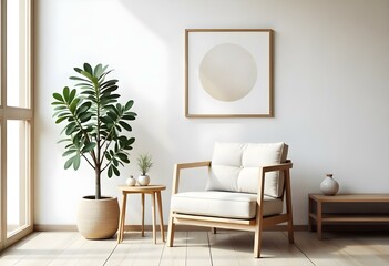 A minimalist living room with a wooden armchair, a potted plant, and a framed circular artwork on the wall