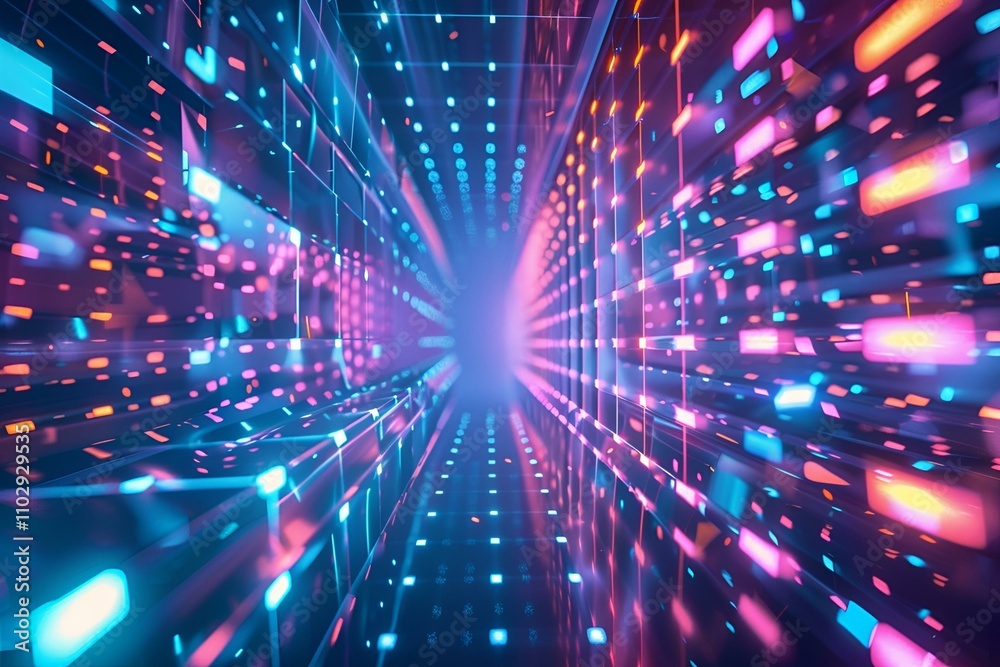 Wall mural futuristic 3d rendering of luminous neon grids in a cosmic void, showcasing vibrant floating cubes a