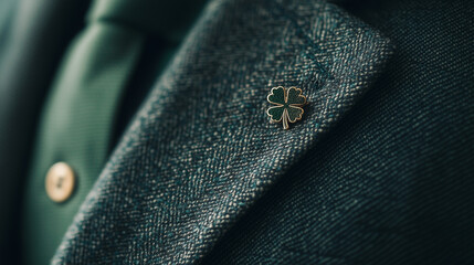 Saint Patrick’s Day pin with a shamrock design on a green jacket