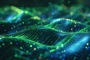 High-speed abstract wallpaper featuring glowing neon waves in green and blue, with vibrant bokeh lights creating a futuristic, tech-inspired aesthetic and data transfer feel