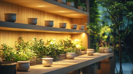 Fototapeta premium Holistic Relaxation Method Indoor plants illuminated on a wooden shelf.