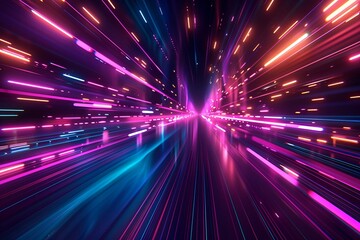 Neon glow lines racing across a dark background, creating a high-speed, abstract technology scene with vibrant, dynamic colors and sharp, energetic patterns