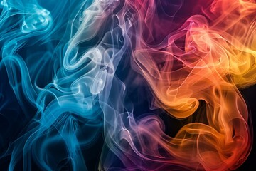Fototapeta premium Mesmerizing abstract smoke in vivid colors swirling against a deep black background, creating a dramatic and ethereal painting effect with fluid, dynamic patterns