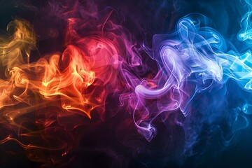 Obraz premium Luminous, multicolored smoke wisps drifting across a jet-black canvas, blending in an abstract, artistic manner to form a striking and vibrant visual composition
