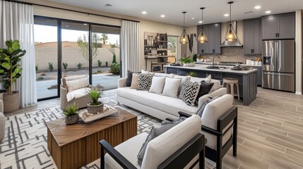 Modern living room with open kitchen, stylish furniture, and natural light.