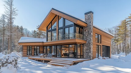 Modern wooden house in a snowy landscape with large windows and a stone accent.