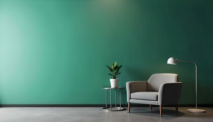 A modern living room with a gray sofa, a metal side table with a potted plant , and a green wall in the background