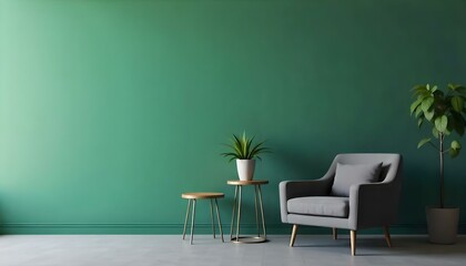 A modern living room with a gray sofa, a metal side table with a potted plant , and a green wall in the background