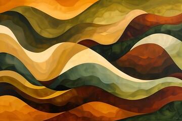 Sweeping organic abstract panorama with flowing curves in earthy tones of ochre, moss green, and deep brown, evoking a sense of natural harmony