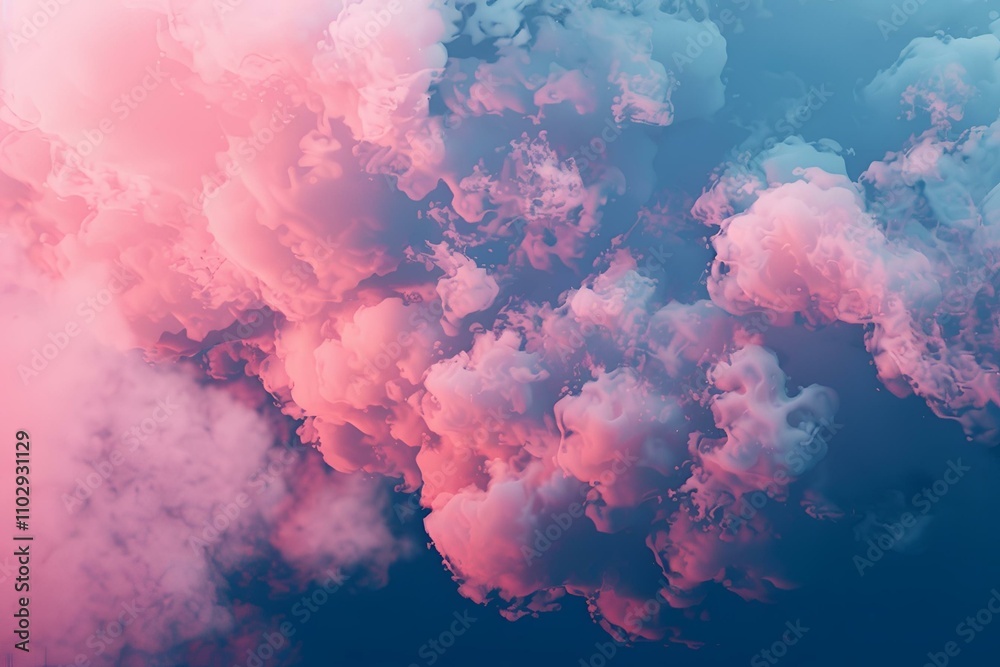 Wall mural vibrant pink smoke clouds juxtaposed with a deep blue background, featuring bold color blobs and int