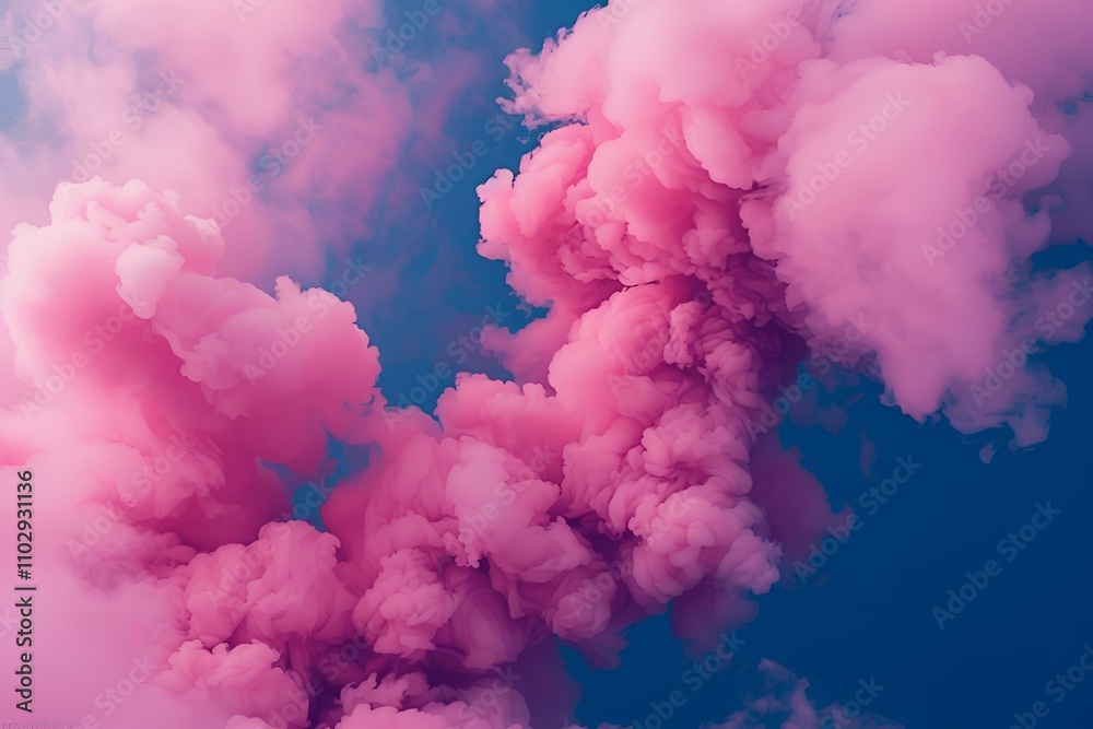 Wall mural vibrant pink smoke clouds juxtaposed with a deep blue background, featuring bold color blobs and int