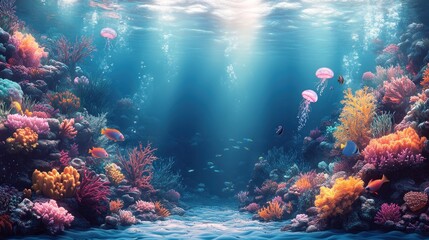 Fototapeta premium A vibrant underwater scene featuring colorful corals, jellyfish, and various fish.
