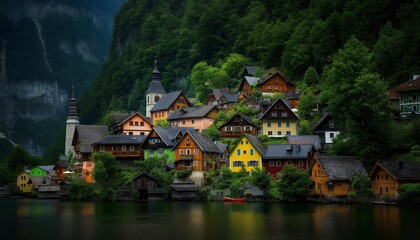 Obraz premium ai generated image of tranquil coastal village with colorful houses, fishing boats anchored in the harbor, soft morning light casting a serene glow
