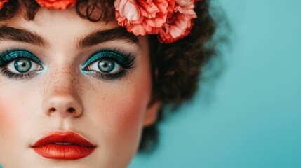 Naklejka premium Captivating Gender Neutral Beauty Showcased in an Empowering Alternative Beauty Photoshoot with Vibrant Makeup Confident Expression and Elegant Styling