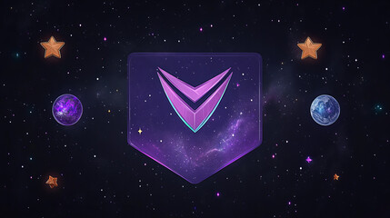 vibrant cosmic background featuring stylized emblem with stars and planets, evoking sense of adventure and exploration in space