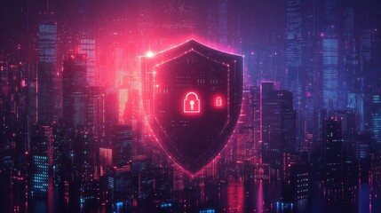A digital shield symbolizing cybersecurity amidst a futuristic cityscape.