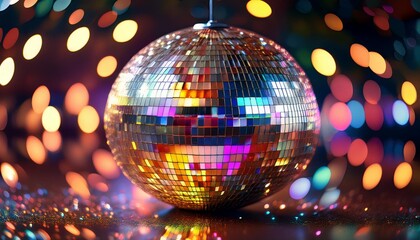Obraz premium Shiny disco ball hanging against colorful bokeh lights, creating a sense of celebration and fun