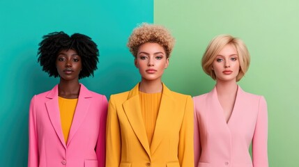 Inclusive Fashion Featuring Diverse Skin Tones and Self Acceptance   Portrait of Multiracial Female Models Showcasing Modern Colorful Clothing in a Bright Studio Setting
