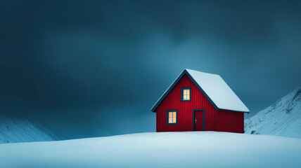 Naklejka premium A solitary red house stands out against a snowy landscape under a dramatic sky, evoking a serene winter atmosphere.