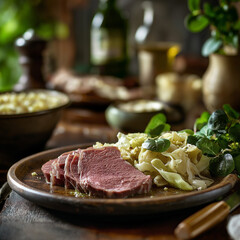 A traditional Irish meal of corned beef and cabbage served on a rustic wooden table