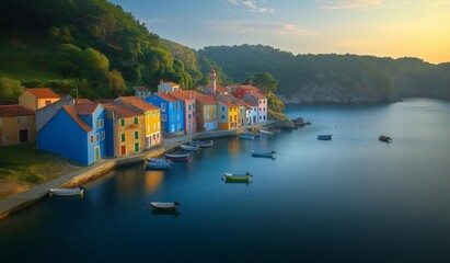 Fototapeta premium ai generated image of tranquil coastal village with colorful houses, fishing boats anchored in the harbor, soft morning light casting a serene glow