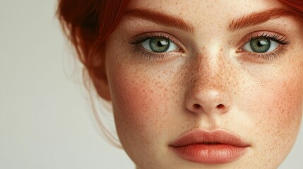 A Radiant and Captivating Portrait of a Naturally Freckled Woman with Serene Green Eyes and Glowing Unretouched Skin   Representing Natural Beauty Standards and an Honest