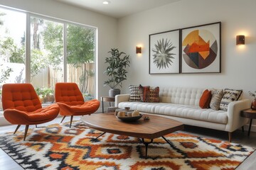 Modern living room with vibrant decor and cozy seating.