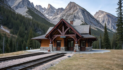 Historic train station surrounded by majestic mountains in a serene landscape during early morning