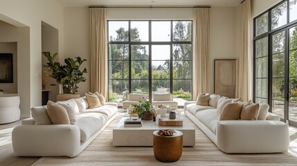 Fototapeta premium A modern living room with large windows, comfortable sofas, and greenery.