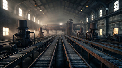Industrial warehouse interior with machinery and long tracks near windows during daytime hours