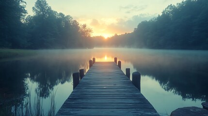 Fototapeta premium A peaceful lakeside view with a weathered wooden dock stretching into the still water, reflecting the soft hues of the sunset, gentle mist rising above the surface, hd quality, serene and timeless.