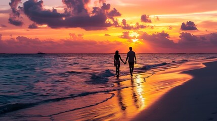 Fototapeta premium Couple Silhouettes Walking on a Beach at Sunset