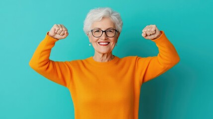Portrait of a confident and empowered elderly woman with gray hair radiating joy and pride as she celebrates her vibrant retirement life embodying the spirit of body positivity and self acceptance