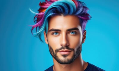 Obraz premium Vibrant multicolored hair on a man against a bright blue background