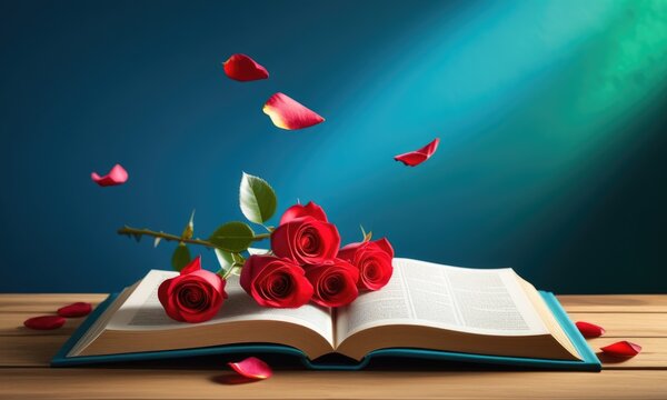 Vibrant red roses resting on an open book with falling petals on wooden table