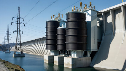 Hydroelectric power plant facilities generating electricity near a river on a clear day