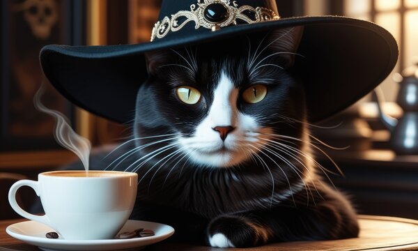 Enchanting black cat with witch hat enjoying a steaming coffee in a cozy autumn setting