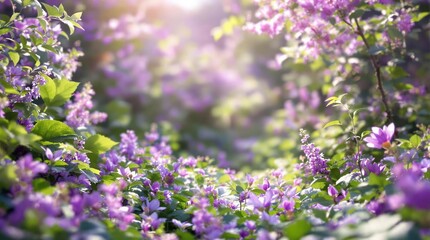Purple flowers and leaves arranged in a natural setting like a forest or meadow with a soft focus effect, home decor inspiration, botanical detail, nature scene